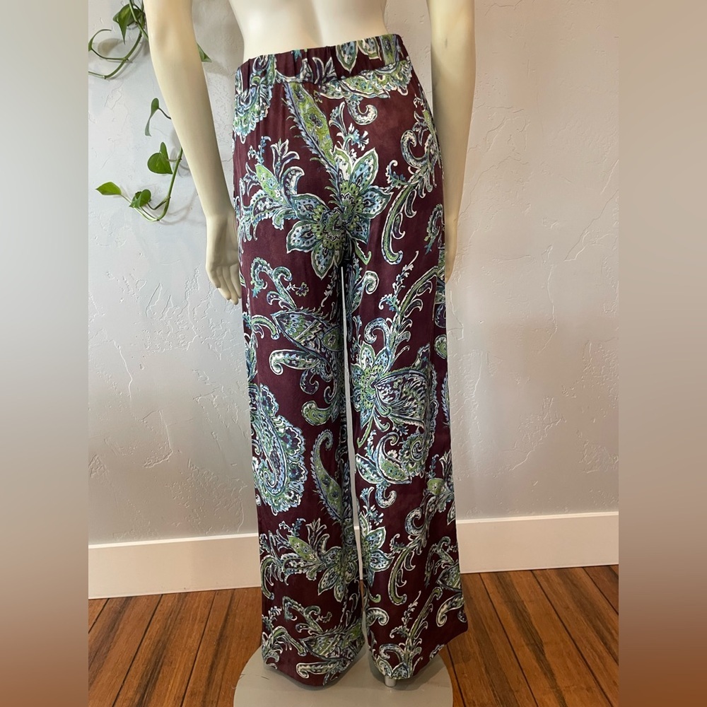 Sisley Burgundy and Green Paisley Wide-Leg Pants size 2 - Picture 2 of 7